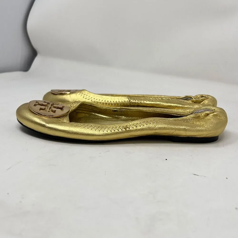 TORY BURCH Reva Gold Leather Flat Ballet Ballerina Shoes with T-Logo Women's 8.5